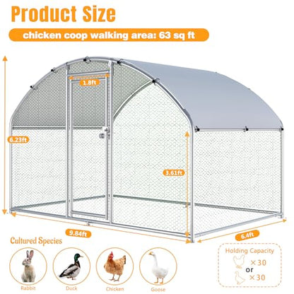 Large Metal Chicken Coop, Chicken Runs for Yard with Cover Walk-in Poultry Cage for 8 10 16 Chickens,Chicken Pen Duck Coop with Round Water-Resident Top and Feeding Door,Hen House 6.4Lx9.84Wx6.23'H FT - size: 6.4'L x 9.84'W x 6.23'H