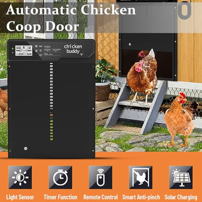 Large Automatic Chicken Coop Door Solar Powered - Aluminum Alloy Auto Chicken Door with Timer, Light Sensor, 4 Modes, LCD Display & Anti-Pinch Tech - for Chickens, Ducks, Geese