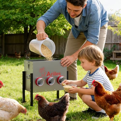 Automatic Chicken Feeder Box, 40lb Capacity, 6 No-Waste Ports, Metal Poultry Feeder with Covered Lid & Elevated Stand, Feed Dispenser for Chickens, Ducks & Backyard - size: 40 LB