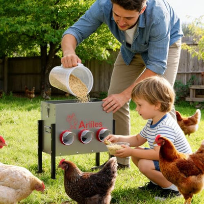 Automatic Chicken Feeder Box, 40lb Capacity, 6 No-Waste Ports, Metal Poultry Feeder with Covered Lid & Elevated Stand, Feed Dispenser for Chickens, Ducks & Backyard - size: 40 LB