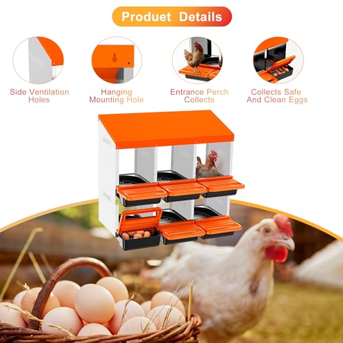 Chicken Nesting Boxes, Metal Roll Away Nest Box for Chickens Laying Egg with Lid Cover to Protect Eggs (6 Holes Orange) - size: 6 Holes