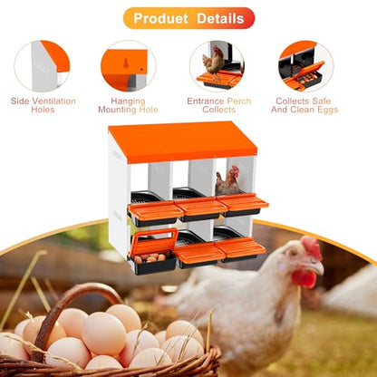 Chicken Nesting Boxes, Metal Roll Away Nest Box for Chickens Laying Egg with Lid Cover to Protect Eggs (6 Holes Orange) - size: 6 Holes