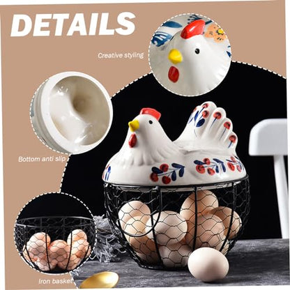 Ceramic Egg Holder, Hollow-Out Wire Chicken Egg Holder with Chicken Shaped Lid, Non Slip Basket Countertop with Handle for Gathering Fresh Eggs