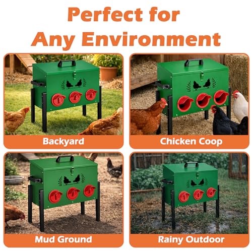 30 LB Large Automatic Chicken Feeder, No Waste Metal Poultry Feeder with 8 Ports, Weatherproof Outdoor Dispenser with Adjustable Legs & Locking Lid for Backyard Chickens, Green