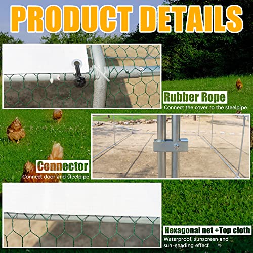 NUGRIART Large Metal Chicken Coop Walk-in Poultry Cage Hen Duck Run House with Waterproof & Anti-UV Cover Galvanized Rabbits Habitat Spire Shaped Cage for Outdoor Yard Farm Use - size: 19.7' L x 9.8' W x 6.56' H