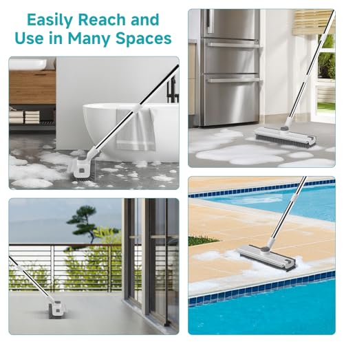 Floor Scrub Brush with Long Handle Length Adjustable, 3 in 1 Heavy-Duty Stiff 90° Bristle Floor Scrubber Broom with Squeegee, for Bathroom, Garage, Kitchen, Tile, Deck & Patio (White) - color: White