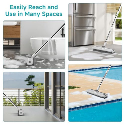 Floor Scrub Brush with Long Handle Length Adjustable, 3 in 1 Heavy-Duty Stiff 90° Bristle Floor Scrubber Broom with Squeegee, for Bathroom, Garage, Kitchen, Tile, Deck & Patio (White) - color: White
