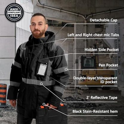 Reflective Jacket, High Visibility Parka, Waterproof Hi Vis, Safety Jacket with Removable Hood and Zipper, ANSI Class 3 (Black,Large) - color: Black-parka, size: Large