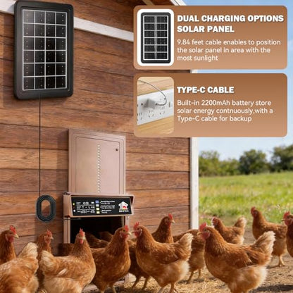 Automatic Chicken Coop Door Solar Powered, 4 Modes Automatic Chicken Door Solar, Anti-Pinch & Weather Proof Coop Door with Remote Control - color: Gold