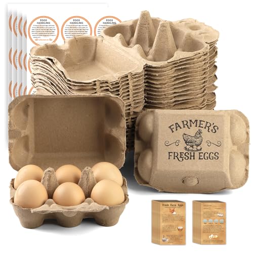 60 Pack Egg cartons 2x3 Style Half dozen egg cartons Bulk 6 Count Reusable Paper pulp egg storage tray Sturdy egg containers with instruction cards and stickers for Family Farm Market - color: light brown-60