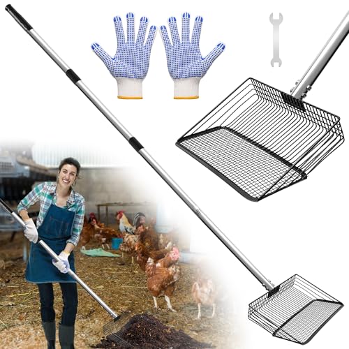 10inch Chicken Poop Scooper, Dual-Specification Pore Chicken Coop Cleaning Tools Come with Gloves Coop Scoop 4 Sections Extended with 22 to 62" Stainless Steel Adjustable Handle