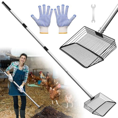 10inch Chicken Poop Scooper, Dual-Specification Pore Chicken Coop Cleaning Tools Come with Gloves Coop Scoop 4 Sections Extended with 22 to 62" Stainless Steel Adjustable Handle