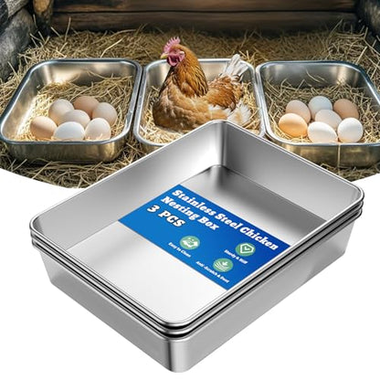 Chicken Nesting Box, 3 Pcs Stainless Steel Chicken Egg Laying Nest Boxes Tray, ChickensNesting Box Pan for Chickens and Poultry to Collect Eggs, Hens, Chickens Coop Box, Easy to Clean