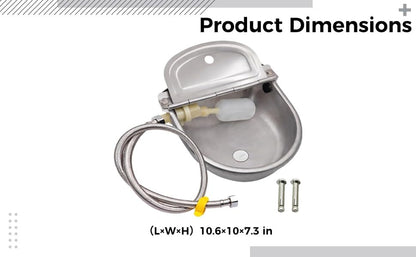 Livestock Water Trough, 304 Stainless Steel, Automatic Refill with Float Ball, Adjustable Water Level, for Cows, Horses, Sheep, Goats, Dogs, 10.6 x 7.3 in