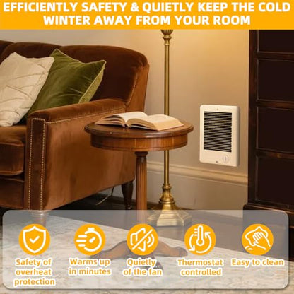Electric Wall Heater Complete Unit with Thermostat,Replace Model CSC151TW,Part 67509,5120 BTU,1500 Watt,120V In Wall Heater Electric Hard-Wired Heater,Recess Efficient Centrifugal fan Fit Small Rooms