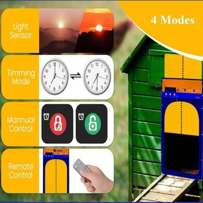 Solar Powered Chicken Coop Door with Remote, Auto Opener for Poultry. IP45 Waterproof, Anti-Pinch Safety. 4 Modes: Light Sensor, Timer, Manual, Smart Control. Durable Aluminum Construction.