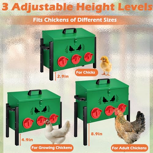 30 LB Large Automatic Chicken Feeder, No Waste Metal Poultry Feeder with 8 Ports, Weatherproof Outdoor Dispenser with Adjustable Legs & Locking Lid for Backyard Chickens, Green