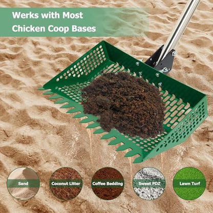 XXXFLOWER Chicken Poop Scooper & Rake 2-in-1, Metal Pooper Scooper Long Handle, Chicken Coop Rake for Chicken Coop, Sand & Pet Waste Cleaning