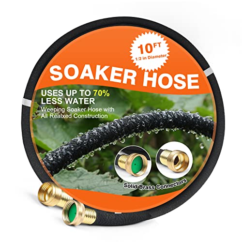 Soaker Hose 10 FT for Garden 1/2" Diameter Irrigation Hose Save 70% of Water Solid Brass Interface Eminently Suitable for Lawn and Garden Beds Cover - size: Brass 10FT