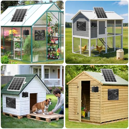 Solar Exhaust Fan with Pull Switch, 12000mAh Battery, IP65 Waterproof, 35dB Low Noise, Solar & USB-C Charging, Wall Mount Ventilation Fan for Chicken Coop Greenhouse Pet House Shed Garage