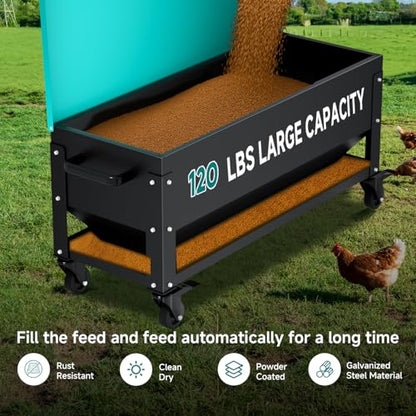 Heavy Duty Chicken Feeder 120 lbs Large Capacity, Metal Automatic Poultry Feeding Box with Waterproof Lid, Raised Standing Feeder with Wheels for Hens & Roosters, Portable & Easy to Move - color: Green