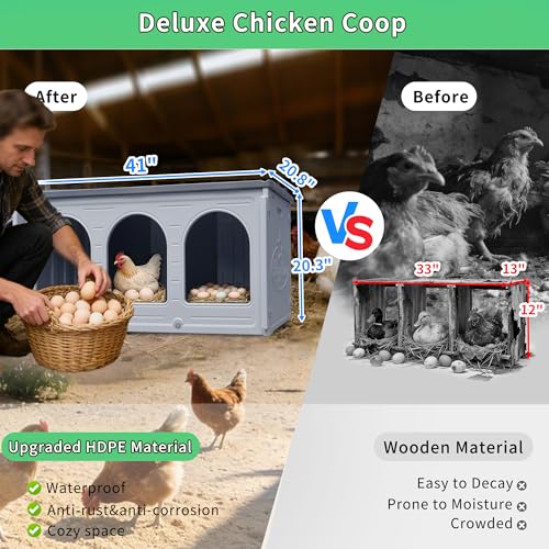 Rockever Nesting Boxes for Chickens, Plastic Nesting Boxes for Chicken Coop, Waterproof 3 Compartment Chicken Nesting Box for Laying Eggs for Hens, Ducks and Poultry