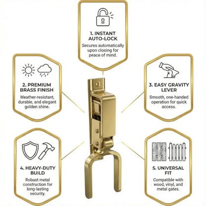 Instant Locking Farm Gate Latch - Heavy Duty Self-Closing Automatic Gravity Lever for Wooden Metal Gates