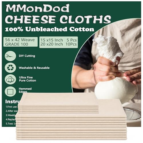 Grade 100 Cheesecloth for Straining, 15 Pack Unbleached Cotton Cloths | Precut with hemmed edges, reusable 56 x 42 weave, 10 pcs 20 x 20 + 5 pcs 15 x 15 for yogurt, cheese and nut milk