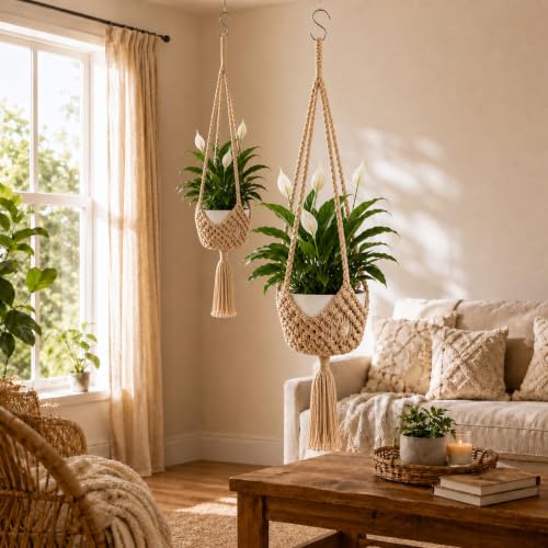 Shappy 2 Pack Boho Macrame Plant Hanger, Large Hanging Planter Plant Holder Pot Hanger Hanging Basket Wall Planters, Plants Lover Gift for Indoor Garden (Spiral Knot,Jute Color) - color: Jute Color, size: Style D