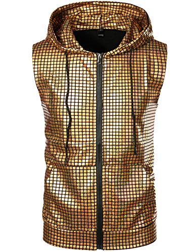 ZEROYAA Mens Shiny Metallic Zip Up Sleeveless Hooded Vest T Shirt with Kangaroo Pocket - color: Gold Sequin, size: Small