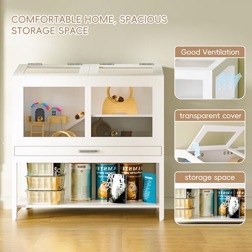 Hamster Cage with Storage Cabinet, Guinea Pig Cage for Small Animals, Large Hamster Cage and Habitat with Easy View Acrylic Panels and Pull Out Drawer for Hamster, Rabbit, Hedgehog, Easy to Clean
