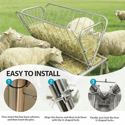 Heavy Duty Galvanized Steel Hay Feeder, 4 Ft Long Livestock Feeder, Large Capacity 2 in 1 Grain & Hay Rack with Steel Frame and Deep Feeding Pan, for Goats, Cow, Sheep, and Horses