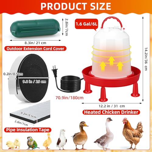 3 Pcs 1.6 Gallon 6l Heated Chicken Waterer Kit, Large Poultry Drinker with Auto-Thermostat Base, All-Season Water Heater Set with Waterproof Extension Cord Cover for Coop Garden Use - size: 1.6 Gallon