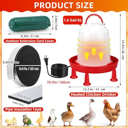 3 Pcs 1.6 Gallon 6l Heated Chicken Waterer Kit, Large Poultry Drinker with Auto-Thermostat Base, All-Season Water Heater Set with Waterproof Extension Cord Cover for Coop Garden Use - size: 1.6 Gallon
