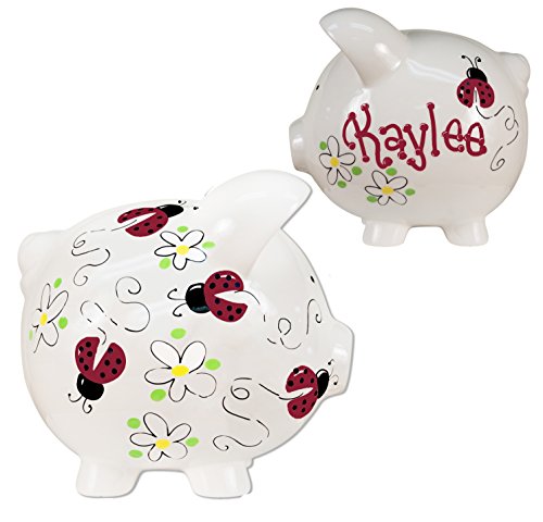 My Bambino Girl's Hand Painted Personalized Piggy Bank Large White piggybank Baby Gift (Red Ladybugs) - color: Red Ladybugs
