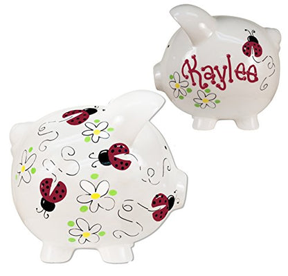 My Bambino Girl's Hand Painted Personalized Piggy Bank Large White piggybank Baby Gift (Red Ladybugs) - color: Red Ladybugs