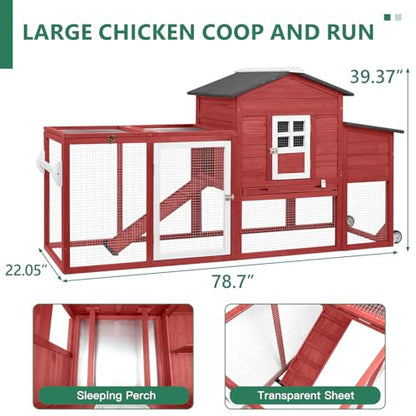 79" L Chicken Coop with Run, Mobile Chicken Hen House with Nesting Boxes, Wheels, Outdoor Indoor Rabbit Hutch, Poultry Cage for Chickens Ducks Bunny with Removable Tray, Ramp (Red) - color: 79" L Red