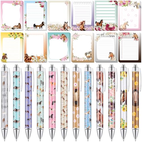24 Pcs Horse Sticky Notes with Pens Themed Party Favors Gifts Cute Notepad Memo Notes Pads Black Ink Ballpoint Pen for Horse Lover Christmas Gifts Office School Students Teacher Supplies - style: Horse