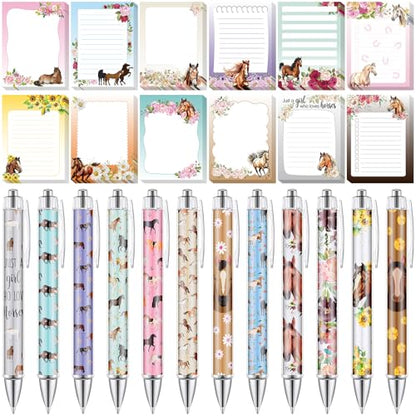 24 Pcs Horse Sticky Notes with Pens Themed Party Favors Gifts Cute Notepad Memo Notes Pads Black Ink Ballpoint Pen for Horse Lover Christmas Gifts Office School Students Teacher Supplies - style: Horse