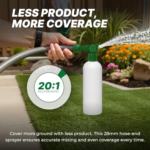 Hose-End Sprayer and 32oz Bottle (2-Pack): Durable Leak-Free 20:1 Ratio Sprayers for Lawn Fertilizer, Turf Cleaner, and Odor Control Use – Chemical-Resistant, Refillable Design - size: Bottle + Sprayer