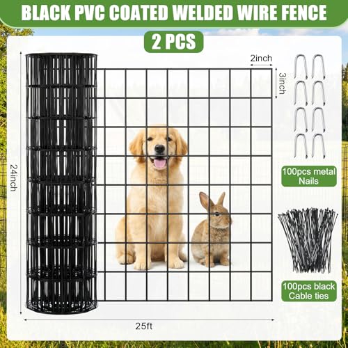 2 Roll 25 ft 50 ft in Total Black Metal Galvanized Welded Wire Fence Garden Animal Fencing Outdoor PVC Coated Wire Mesh for Yard Vegetable Plant Protection Poultry Netting for Chicken, Dog