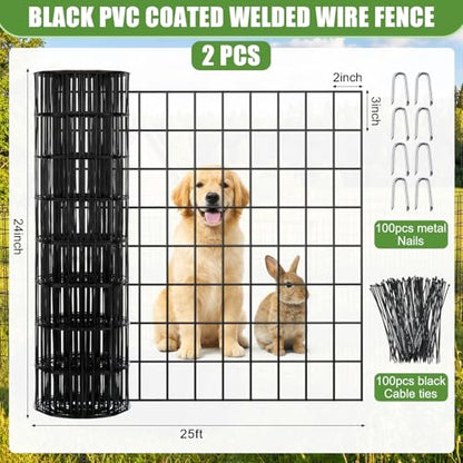 2 Roll 25 ft 50 ft in Total Black Metal Galvanized Welded Wire Fence Garden Animal Fencing Outdoor PVC Coated Wire Mesh for Yard Vegetable Plant Protection Poultry Netting for Chicken, Dog