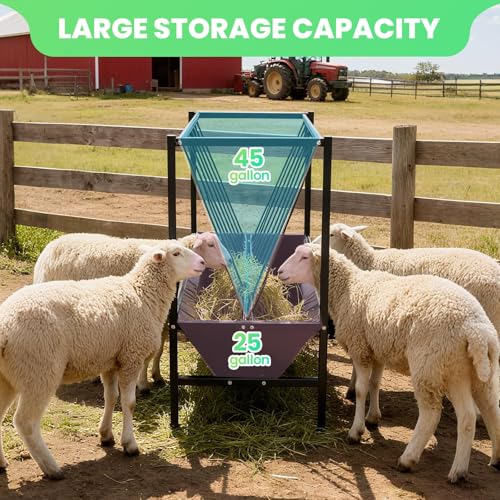 45 Gallons Heavy Duty Hay Feeder with 25 Gallon Feed Tray, Surface Galvanizing Treatment Goat Hay Feeder, Non Deformed Livestock Shelter, Quick Assembly Hay Feeder for Cows, Goats, Horses, Pigs