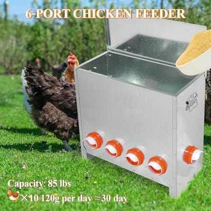 Automatic Chicken Feeder No Waste Large Capacity 85lbs 6-Ports Metal Poultry Feeder with Pull Handle for Chickens Geese Ducks Poultry Coop Weatherproof Design - color: 85lb with 6 Ports