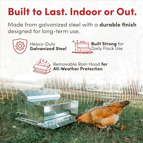 RentACoop 25 lb Automatic Treadle Chicken Feeder, Metal Rat Resistant Poultry Feeder, Rainproof No Waste Step-On Feeder for Chickens, Bantams, Ducks, Pheasants, Outdoor Covered Feed Bin - style: 25LB Treadle Feeder