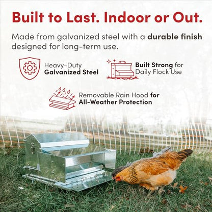 RentACoop 25 lb Automatic Treadle Chicken Feeder, Metal Rat Resistant Poultry Feeder, Rainproof No Waste Step-On Feeder for Chickens, Bantams, Ducks, Pheasants, Outdoor Covered Feed Bin - style: 25LB Treadle Feeder