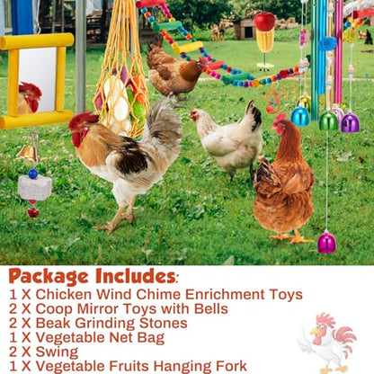 VioraWhite 9 Pcs Chicken Toys for Coop, Wind Chime, Chicken Mirror Toys with Bells, Beak Grinding Stones Swing Vegetable Net Bag, Vegetable Fruits Hanging Fork for Hens Bird Parrot