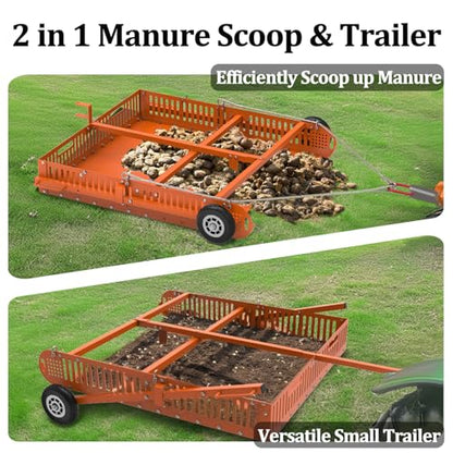 2 in 1 Horse Paddock Cleaner & Trailer, Tow-Behind Trailer Horse Manure Scoop, 2 in 1 Field Cleaner & Scooper for Paddock, Horse Pasture