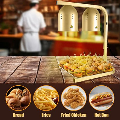 Heat Lamp for Food, with Two 250W Bulbs for Fast and Even Heating, Food Heat Lamp with Adjustable Height Stand, Commercial Food Warmer Lamp for Home, Fast Food Restaurant, Buffet, Bakery, Gold - color: Gold