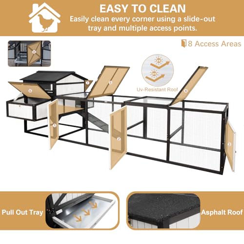 PetsCosset 116" L Large Chicken Coop and Run, Hen House with 4 Nesting Box Boxes, Rabbit Hutch Poultry Bunny Cage for 4-6 Chickens with 4 Perches, Removable Tray and Ramp and UV-Resistant Roof Panel - color: Black White